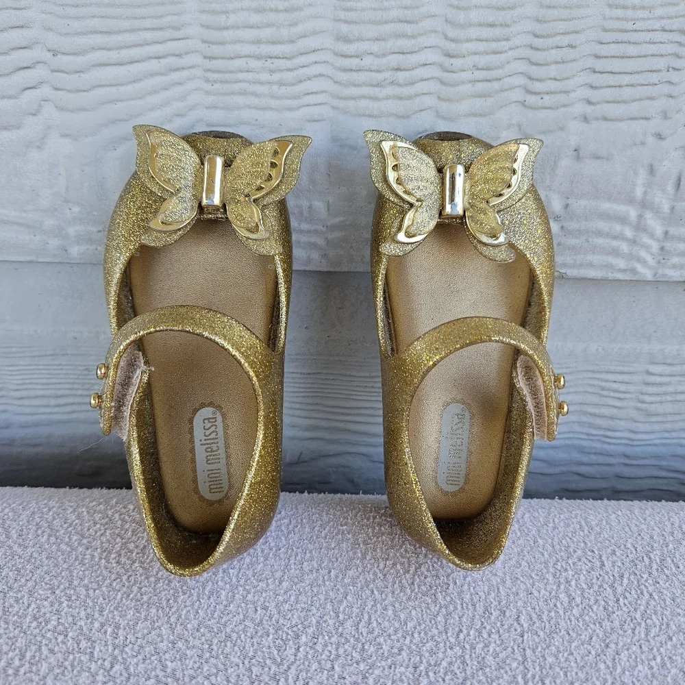 Mini Melissa Ultragirl Butterfly Gold Mary Jane Jelly Flats SZ 6 Hook & Loop